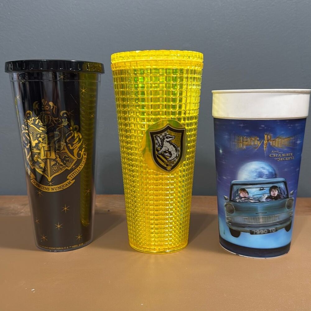 Harry Potter set of 3 tumbler cups Hufflepuff chamber of secrets flying car